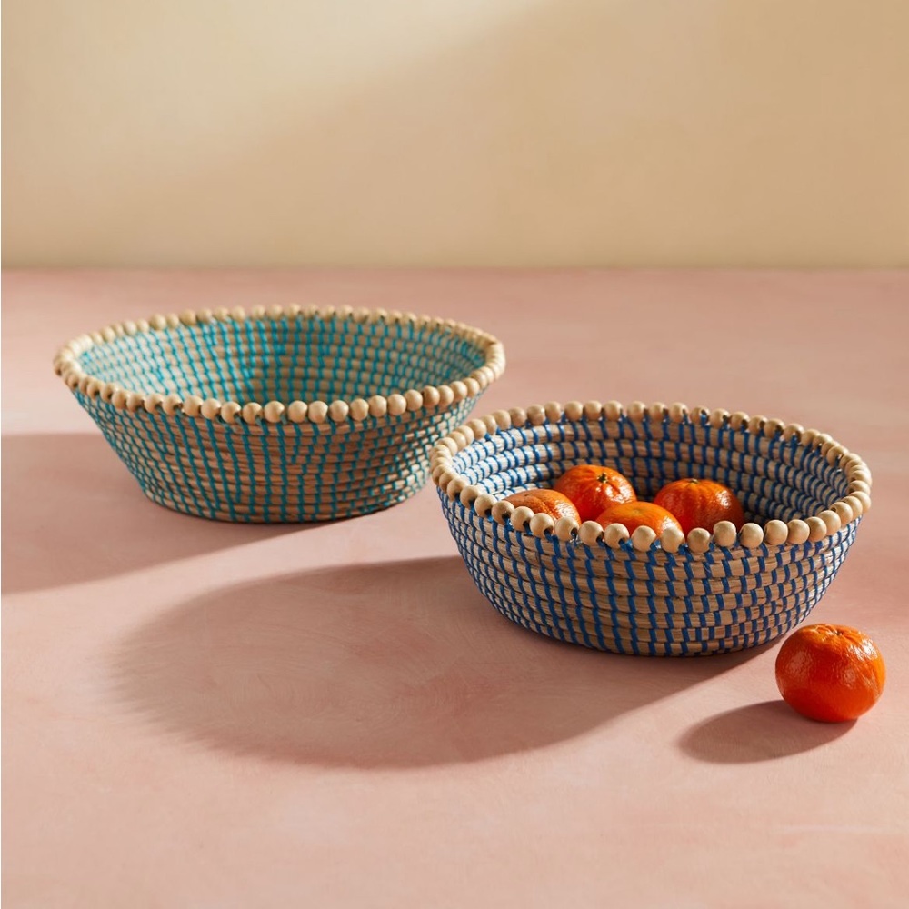 New Woven Basket with Beaded Rim (2 baskets- 1 blue and 1 green)